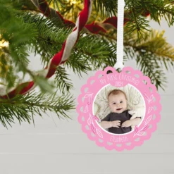 Hallmark Baby’s First Christmas Pink Scalloped Personalized Text And Photo Metal Ornament -Outlet Gift Echoes Store Babys First Personalized Round Christmas Ornament 1OFM1004B2 02
