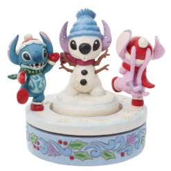 Enesco Jim Shore Disney Stitch And Angel Build A Snowman Rotating Figurine, 6"