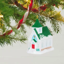 Hallmark Candlelight Service Ornament -Outlet Gift Echoes Store White Church With Green Steeple Keepsake Ornament 2199QGO2767 02
